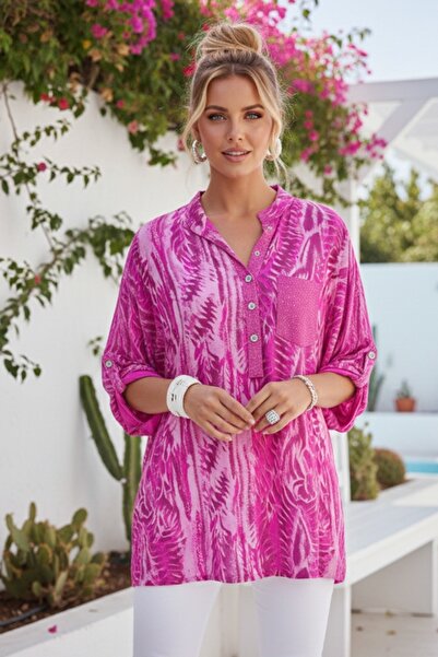 Chiccy Italian Pink Judge Collar Buttoned 3/4 Sleeve Patterned Buttoned Sequi...