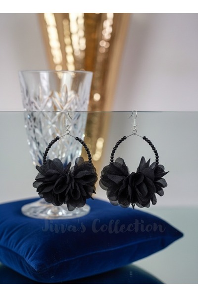 Jivva's Collection Special Design. Unique. Black Tulle Floral Hoop Earrings