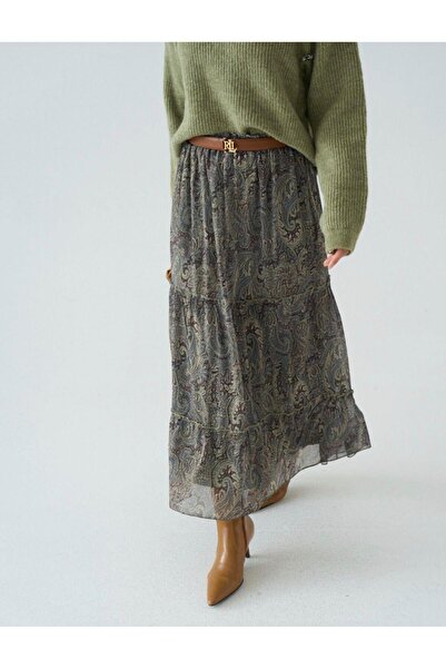 SONGÜLBERİK Women's Chiffon Fabric Paisley Patterned Pleated Long Skirt - Green