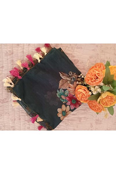 Bircan Hediyelik Cotton Needle Embroidered Scarf Cheesecloth Petrol Green