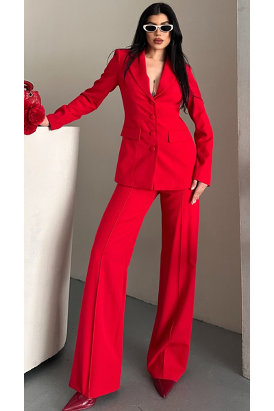 pembekurdelem Women's Fabric Button Detail Jacket Pants Set Red