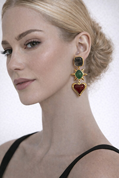 PABALAS Women's Gold Color Heart and Star Figured Stone Dangle Earrings