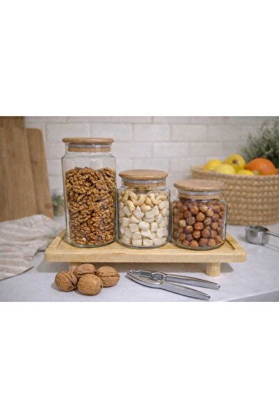 Durina Living Glass Jar Set with Wooden Lid and Stand |   1300 ml 850 ml 630 ...