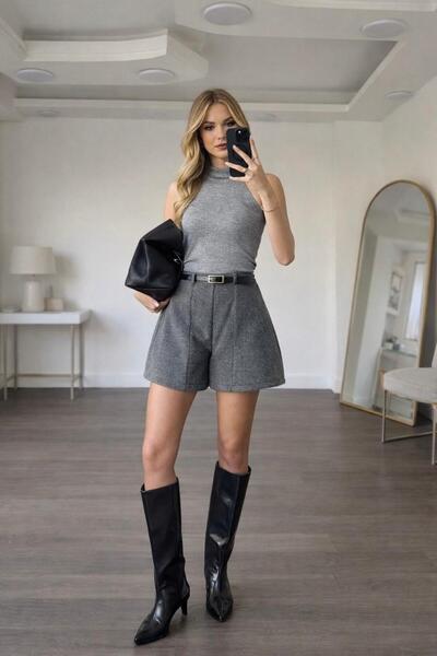 Mine Tan Butik Belted Women's Shorts - Gray