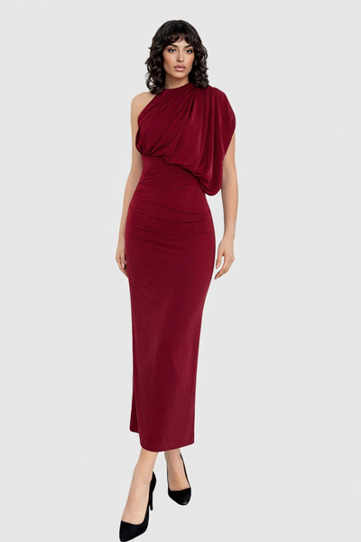 Trend Alaçatı Stili Women's Burgundy One Shoulder Drape Detailed Maxi Length ...