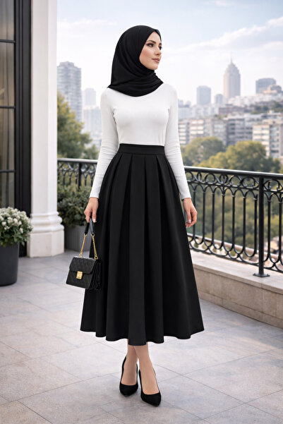 DeChival Winmoda Double Fabric Pleated Hijab Skirt Half Zipper High Waist