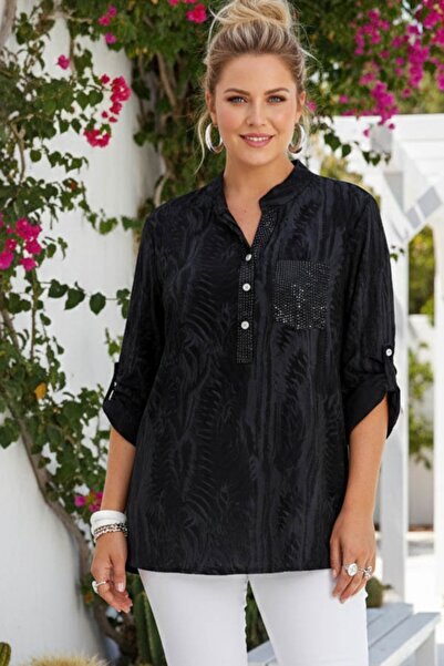 Chiccy Italian Black-Blue Judge Collar Buttoned 3/4 Sleeve Patterned Buttoned...