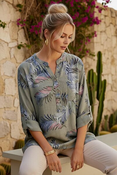 Chiccy Italian Khaki Judge Collar Buttoned 3/4 Sleeve Leaf Patterned Pocketed...