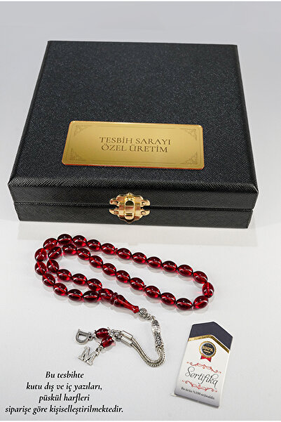 TESBİHSARAYI Ateş Kehribar Tesbih – Kişiye Özel Kare Kutu – Harfli Çift Püskü...