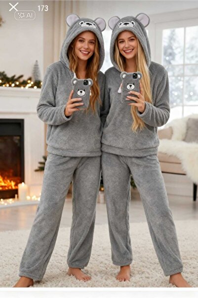 NiCe İç Giyim Set de pijamale pentru femei, din pluș Wellsoft, gri, cu urechi...