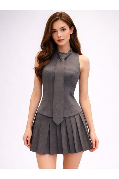 Quzu فستان مخطط بتفاصيل ربطة عنق قابلة للإزالة - بني