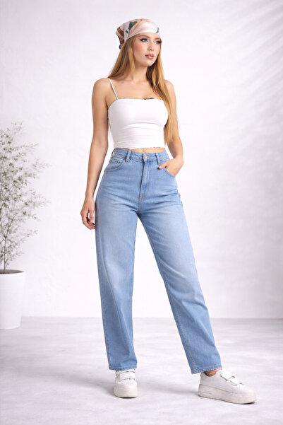 Lighter Jeans Kadın Yüksek Bel Açık Mavi Jean Pantolon Yan Cepli Rahat Kesim