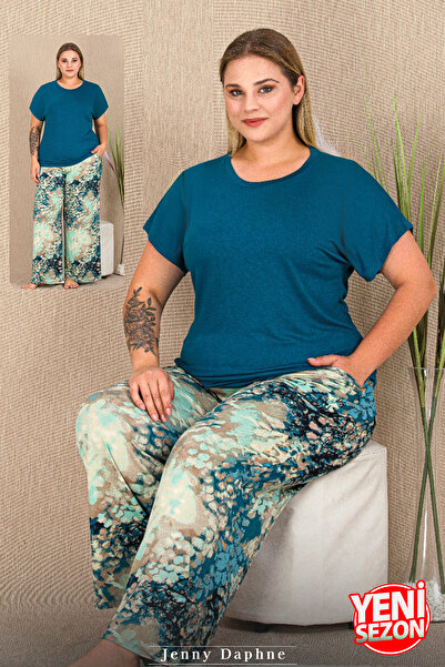 Jenny Daphne Cloud Pattern Loose Wide Leg Pajamas Short Sleeve Crew Neck Visc...