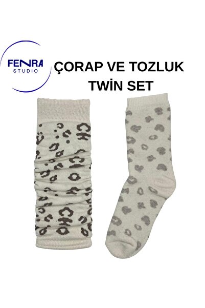 FENRA STUDIO Women's Cotton Cream Leopard Printed Set of 2 Towel Socks & Dust...