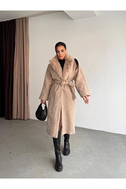 cemo Kuşaklı Kürk Yakalı Uzun Kaban