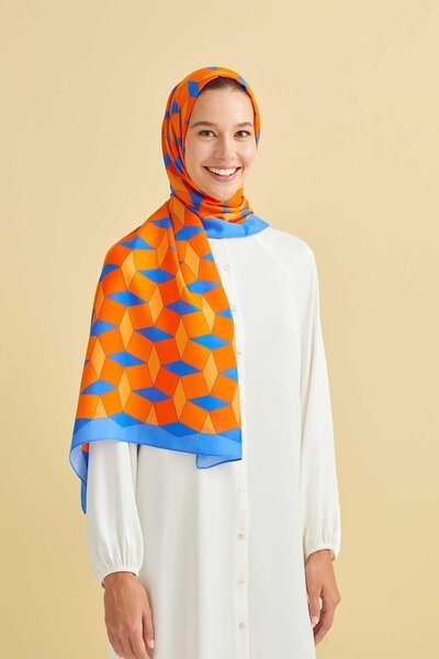 Imannoor Floş Viscose Shawl - Zigzag Pattern - Orange Indigo