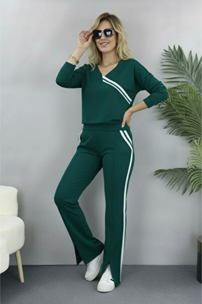 Modayakamoz Yeni Sezon Kadın Uzun Kollu v Yakalı Şerit Detaylı Bluz ve Pantol...