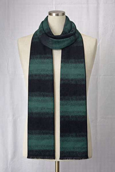 Dervişan İpekçilik Saf Kaşmir Atkı/Kaşkol Yeşil – Siyah Çizgili (Degrade)
