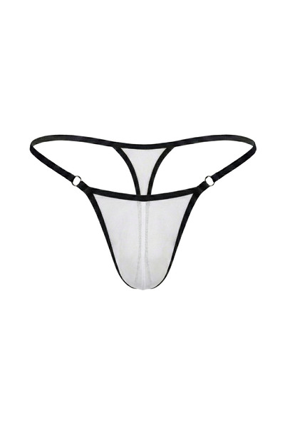 Erkek Siyah Biyeli Transparan Tül Fantazi String Tanga - Metal Halkalı Seksi İç Giyim