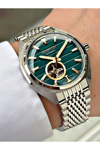 Quantum Automatic Mechanism Silver-Green Color Steel Band Steel Case Men's Wr...
