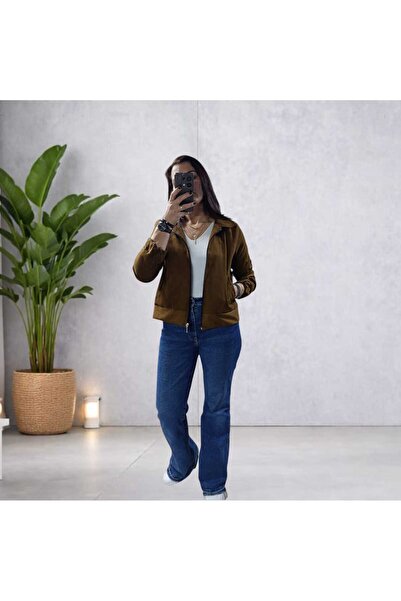 Store Kadın Regular Fleto Cepli Fermuarlı Taba Süet Ceket