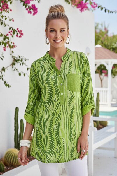 Chiccy Italian Pistachio Green Ruffled Collar Buttoned 3/4 Sleeve Patterned B...