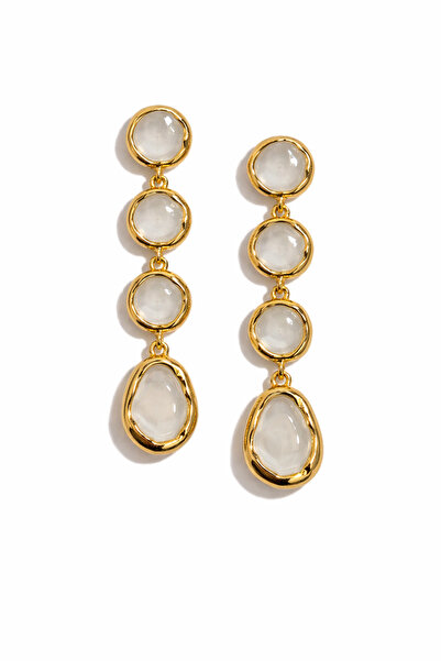 PABALAS Women's Gold Color White Stone Detailed Long Dangle Earrings