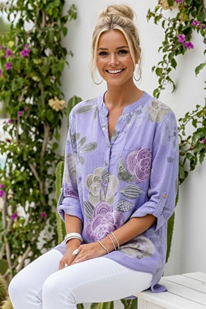 Chiccy Bluză țesută în stil casual, cu aspect de in, cu guler Hakim, cu nastu...