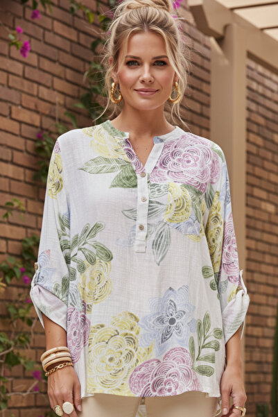 Chiccy Italian White Judge Collar Buttoned 3/4 Sleeve Floral Pocket Casual Li...