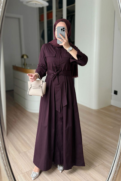 Ka Hijab Φόρεμα ποπλίνα με κουμπιά και λεπτομέρεια πλισέ - Μούρνι