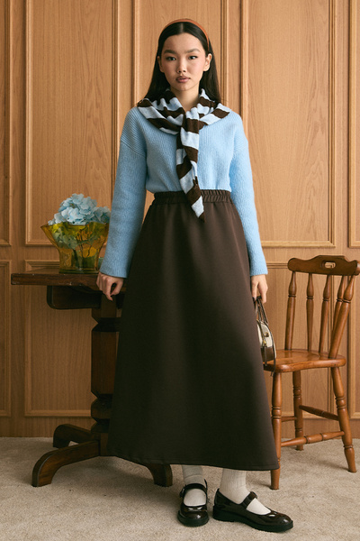 Ceylan Otantik Baby Blue V-Neck Knitwear Sweater & Bitter Brown Scuba Skirt Set