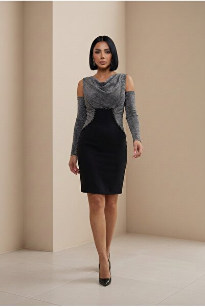 ALFUDO Moda Collection Degaje Neckline Off-The-Shoulder Long Sleeve Black Eve...