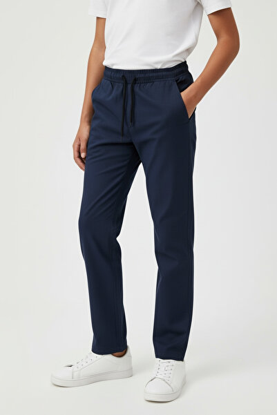 LOOKS KİDS Boy's Navy Blue Linen-Look Cotton Elastic Waist Pants