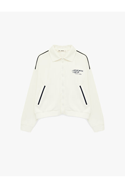 Koton Fleece-Lined Embroidered Sweatshirt with Piped Pockets and Oversized Zi...