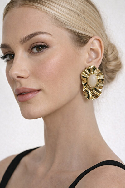 PABALAS Women's Gold Color Oval Shaped Stone Nail Earrings