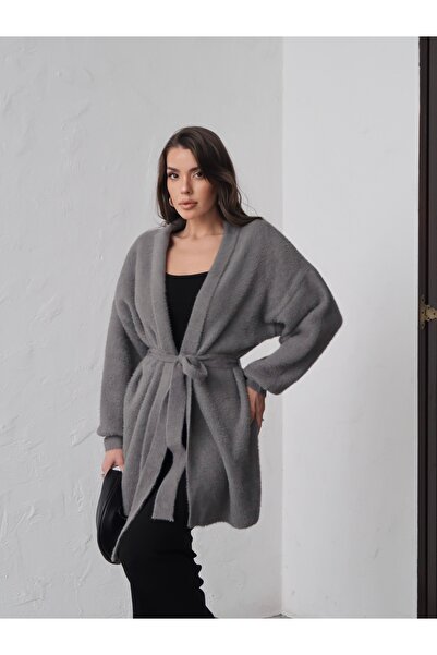 Maysev Women's Oversized Belted Cashmere Textured Belted Kimono Cardigan Premium