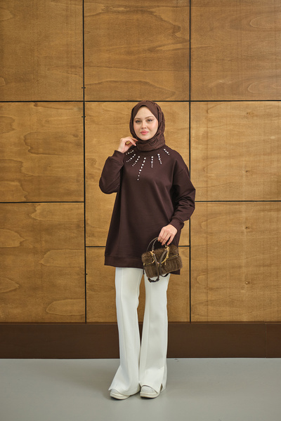 LOCCO Γυναικείο τουνίκ με λεπτομέρεια από πέτρα σε καφέ χρώμα