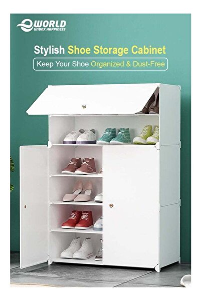 Eworld رف تنظيم أحذية بلاستيكي بستة أرفف مع أبواب