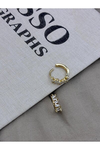 Hedef Bijuteri Gold Color Baguette Model Asymmetrical Row Zircon Stone Hoop E...