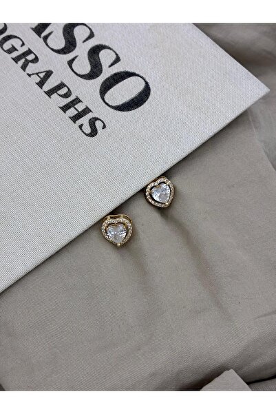 Hedef Bijuteri Gold Color Zircon Stone Heart Model Stud Earrings Cm128