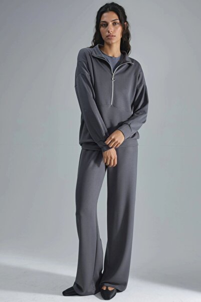 Hiccup Modal Textured Zippered Collar Wide Leg Two-Piece Suit Berşan Collection