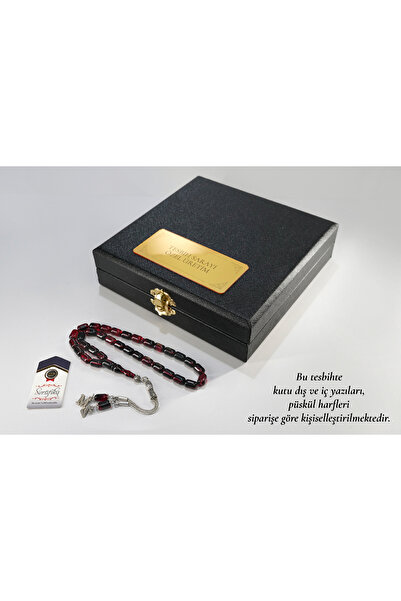 TESBİHSARAYI Ateş Kehribar Tesbih – Kişiye Özel Kare Kutu – Harfli Çift Püskü...