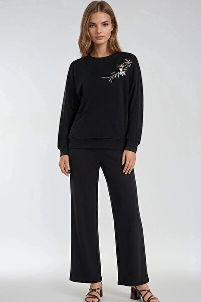 Hiccup Embroidered Crew Neck Sweatshirt and Straight-Leg Trousers Two-Piece S...
