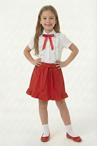 FATELLA Girl's Red Bow Ruffle Detailed Shirt with Pockets and Ruffle Skirt Ap...