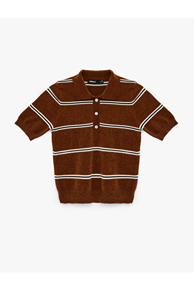 Koton Pulover din chenille cu mânecă scurtă, guler polo și dungi