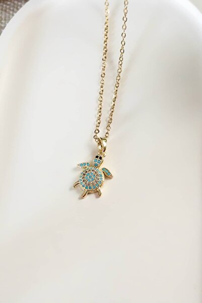 Petalia Minik Turkuaz Kaplumbağa Kolye _Paslanmaz Çelik_Zirkon Taş_Hediye