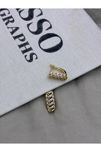 Hedef Bijuteri Gold Color U Shape Detailed Row Zircon Stone Earrings Cm130