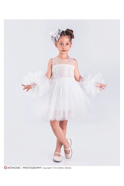 Esterella Robă din șifon, mânecă cu pompon, paiete, fetiță, fustă umflată, ro...