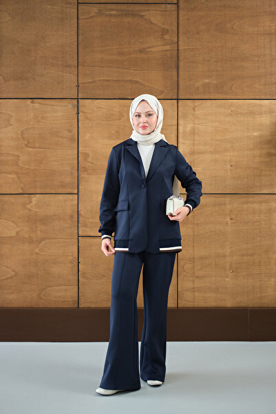 LOCCO Γυναικείο κοστούμι με ριμπάνι και μπλέιζερ σε μπλε ναυτικό