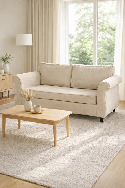 MARIA HOMES Beige Two Seater Sofa with Cushioned Seat and Classic Design